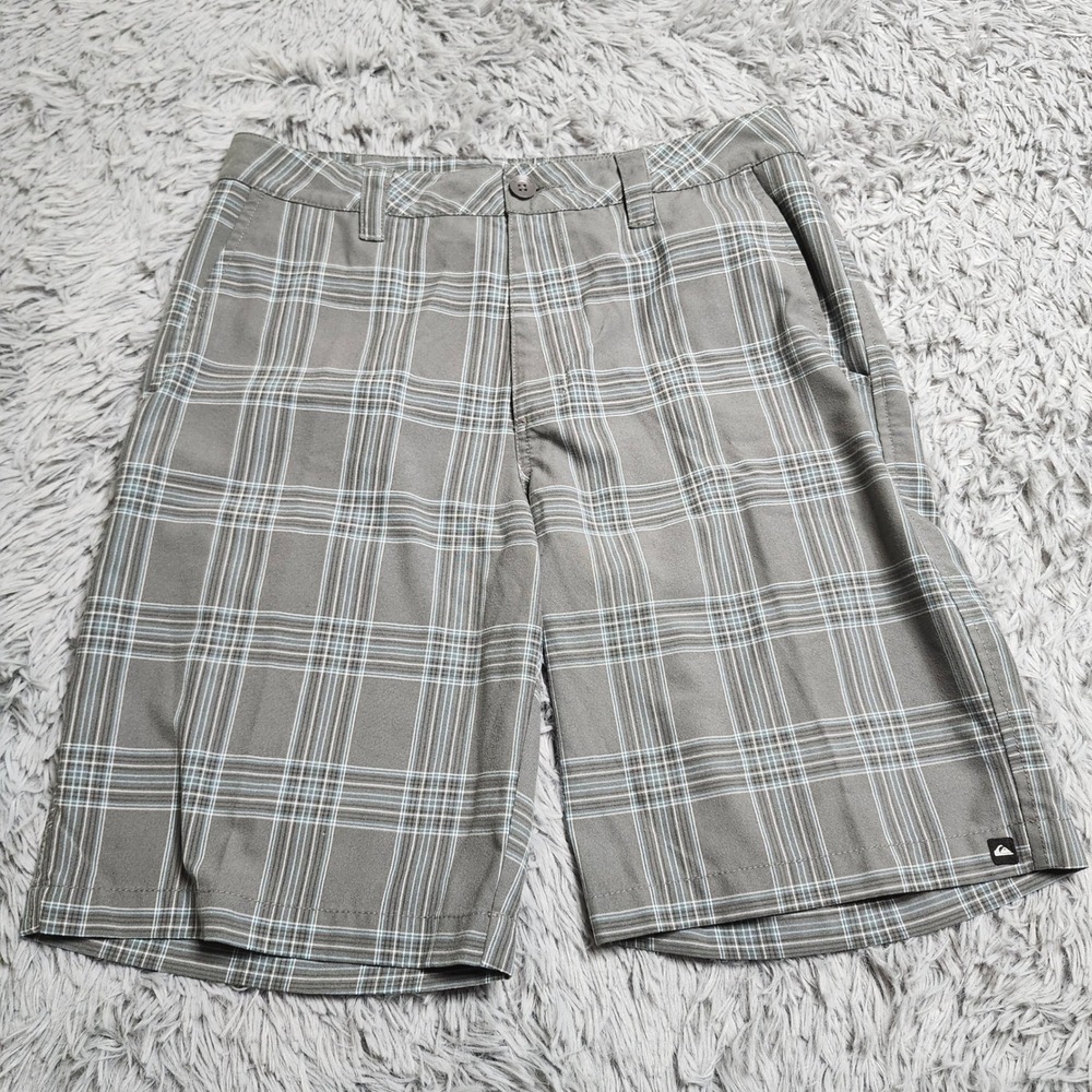 Quiksilver‎ Plaid Shorts Mens 31 Grey Blue Polyester Blend Casual Skater Surfer